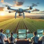 "Drone sobrevoando uma plantação no Brasil, ilustrando a aplicação da inteligência artificial na agroindústria para otimizar a produção agrícola."