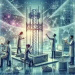 "Pesquisadores analisam metamateriais inovadores em um laboratório para aprimorar antenas 6G, destacando a evolução da tecnologia de comunicação."