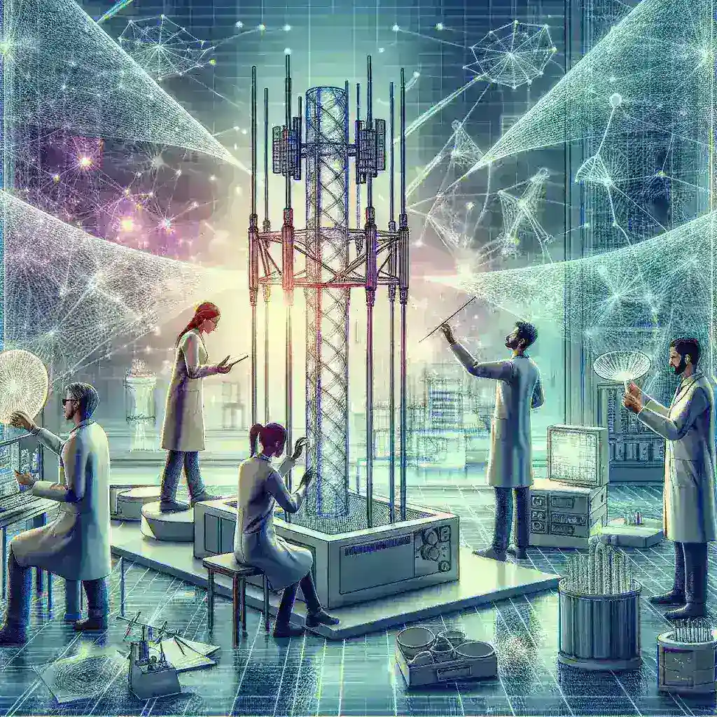 "Pesquisadores analisam metamateriais inovadores em um laboratório para aprimorar antenas 6G, destacando a evolução da tecnologia de comunicação."