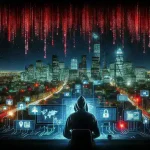 "Imagem de tela de computador mostrando um alerta de ciberataque, representando a interrupção de serviços online na Prefeitura de uma grande capital brasileira."