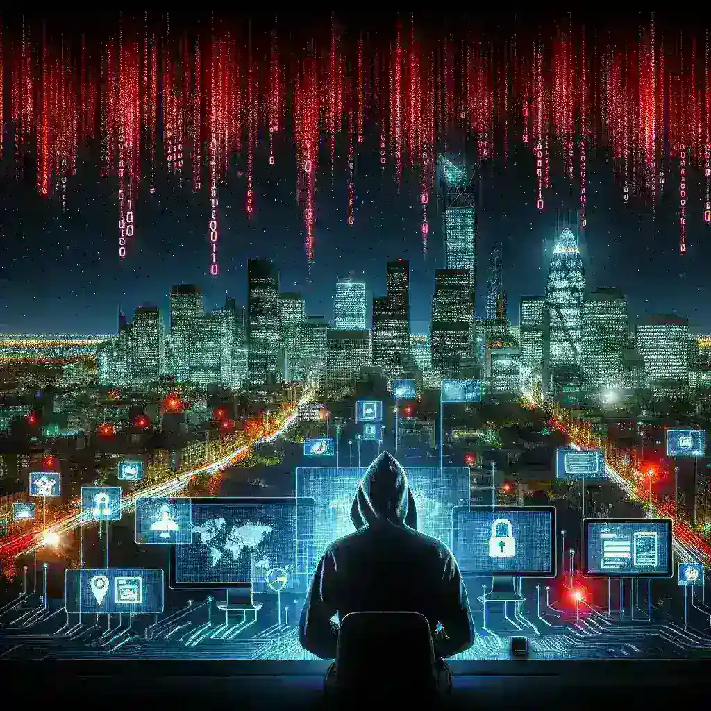 "Imagem de tela de computador mostrando um alerta de ciberataque, representando a interrupção de serviços online na Prefeitura de uma grande capital brasileira."