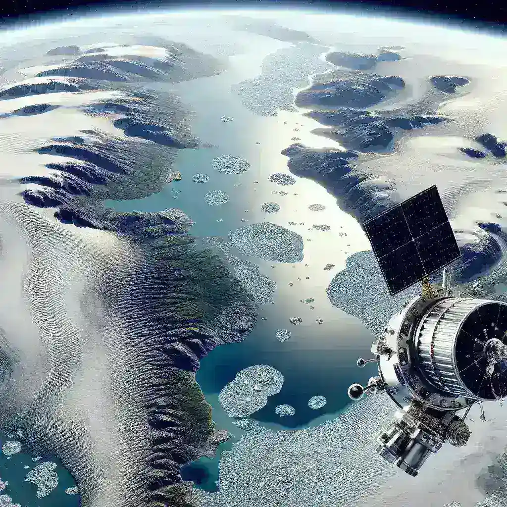 "Satélite europeu monitora o degelo na Groenlândia, capturando dados sobre mudanças climáticas e seus efeitos no meio ambiente."