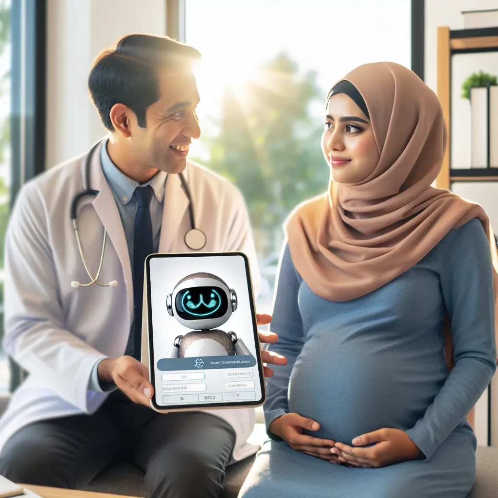 "Paciente em consulta virtual com chatbot de IA recebendo orientações sobre cuidados pré-natais."