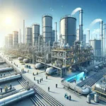 "Imagem de um robusto tanque de armazenamento de hidrogênio em uma planta industrial, simbolizando o aumento do uso de hidrogênio nas indústrias pesadas, conforme discutido no artigo sobre empresas de energia."